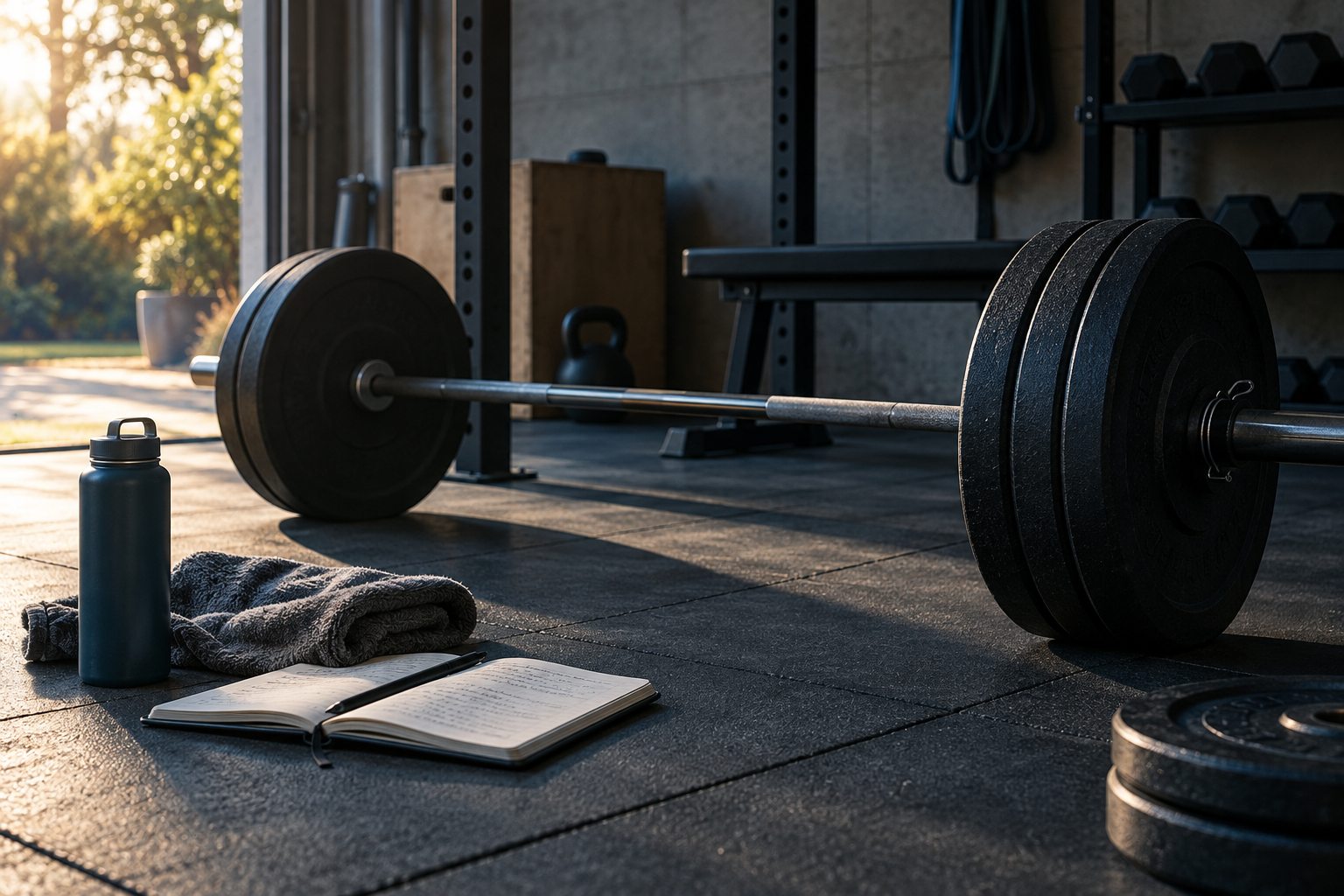 A barbell, weight plates, and training notebook in a garage gym