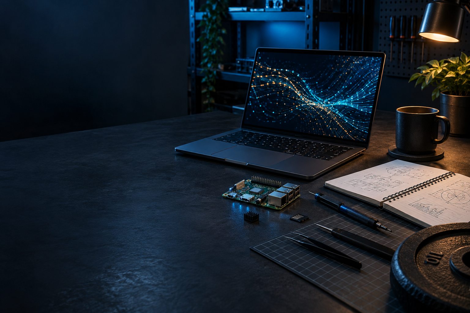 A technical workbench with a laptop, electronics tools, and notes